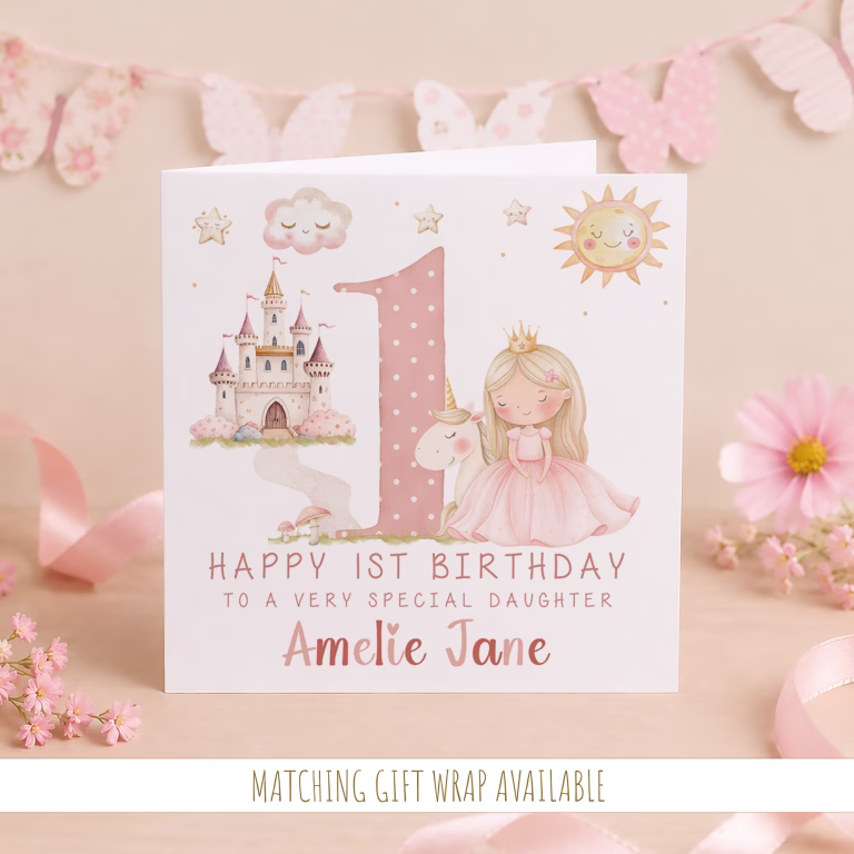 Girls Personalised Unicorn Princess Birthday Card