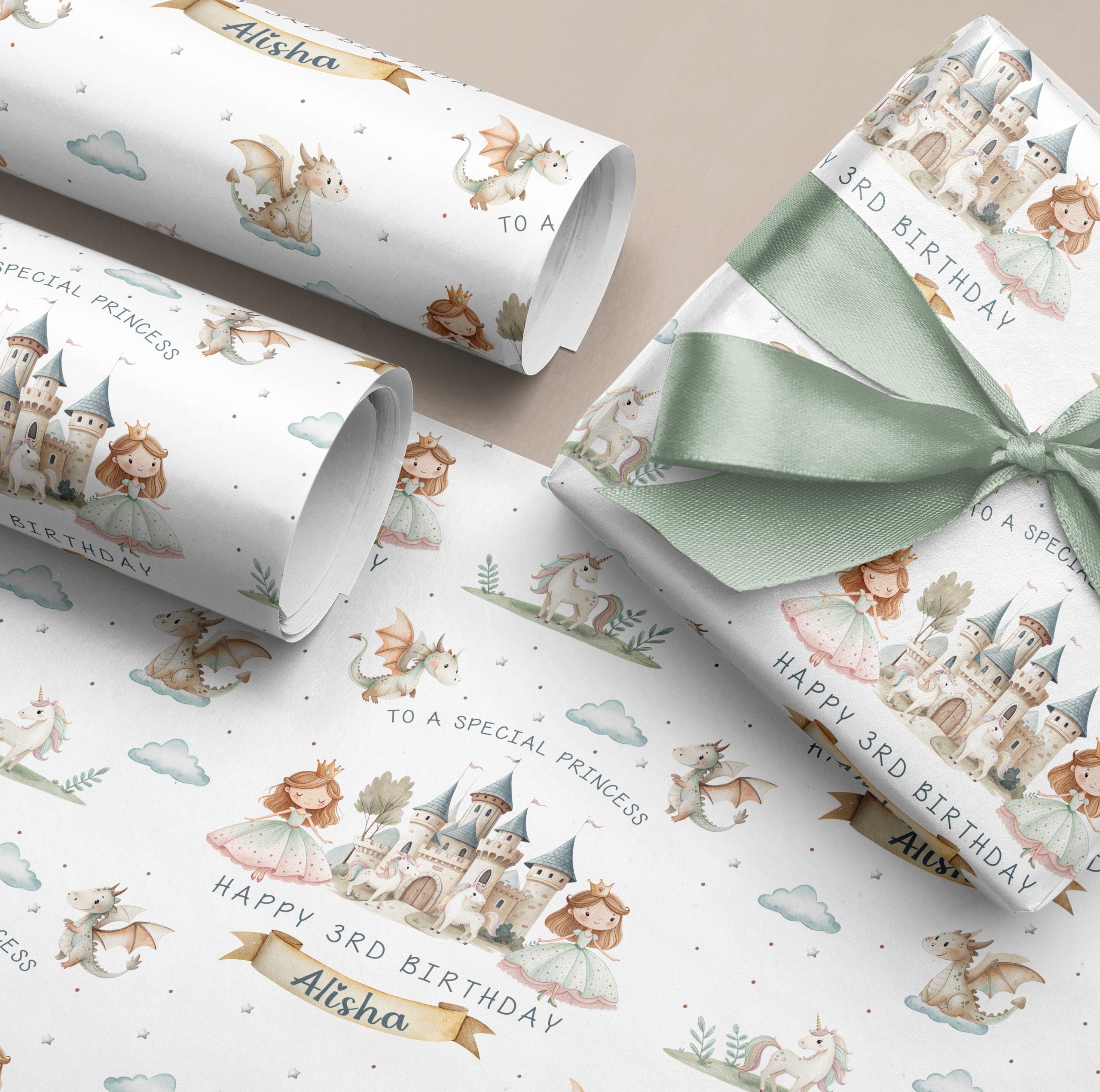 Girls Personalised Princess Birthday Gift Wrapping Paper