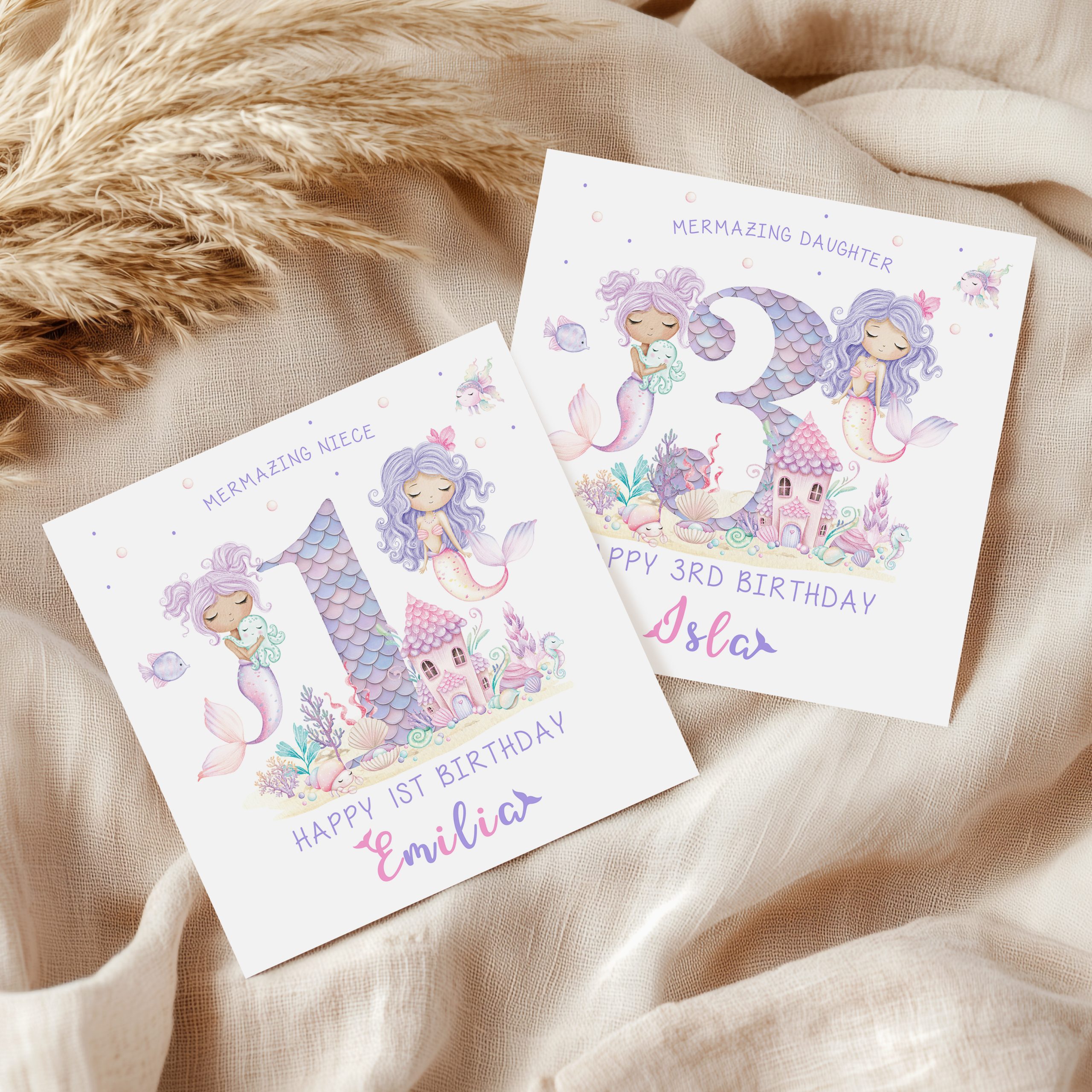 Girls Personalised Mermaid Birthday Card