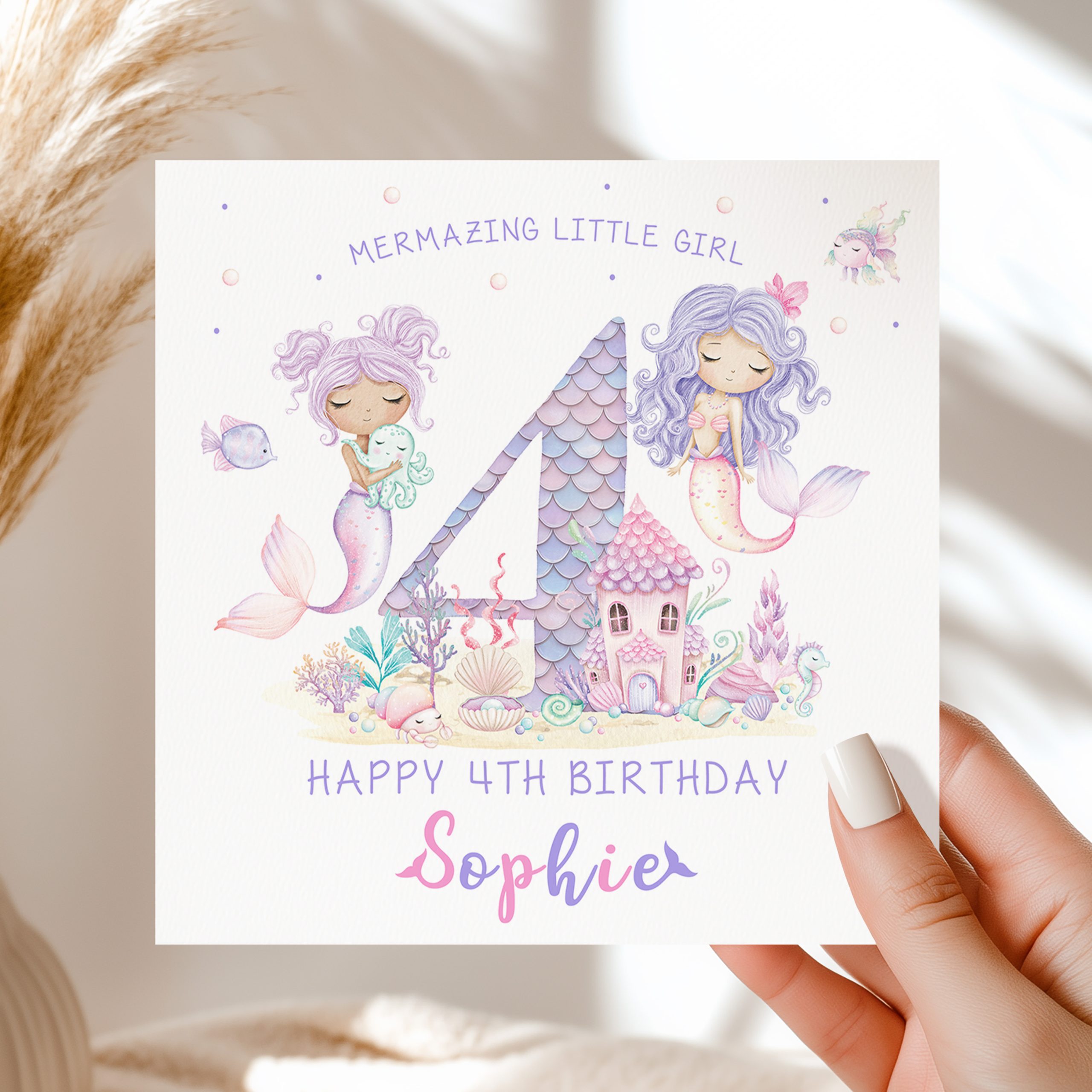Girls Personalised Mermaid Birthday Card