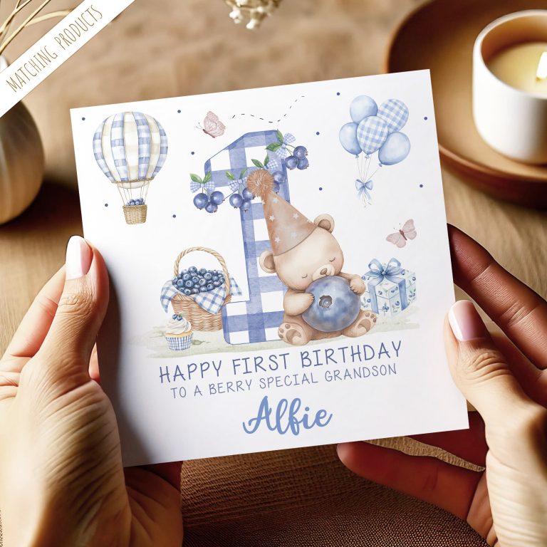 Personalised 1st Birthday Blueberry Bear Card