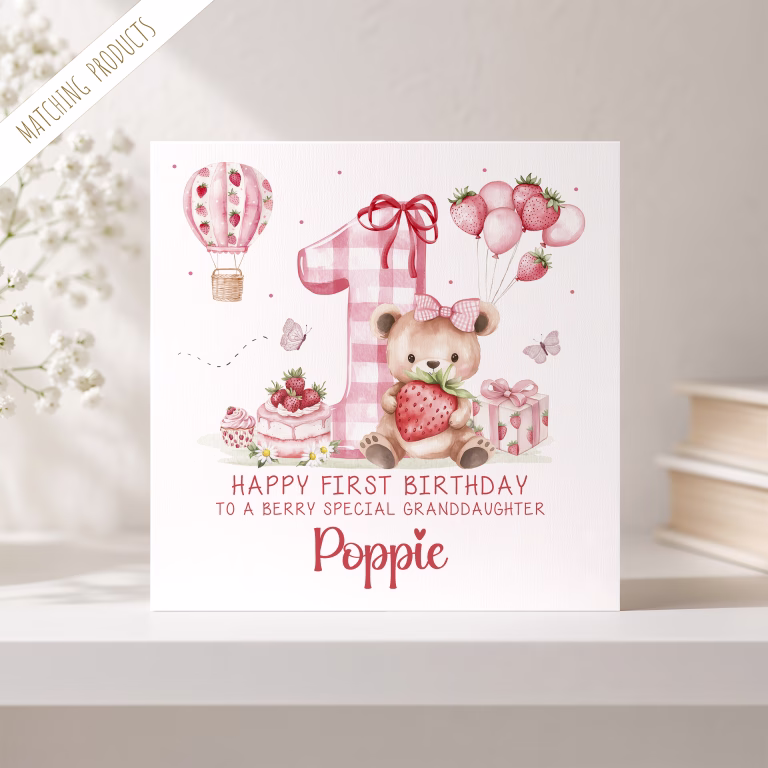Personalised 1st Birthday Strawberry Bear Card