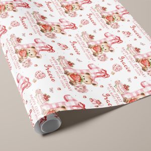 Girls 1st Birthday Strawberry Gift Wrapping Paper