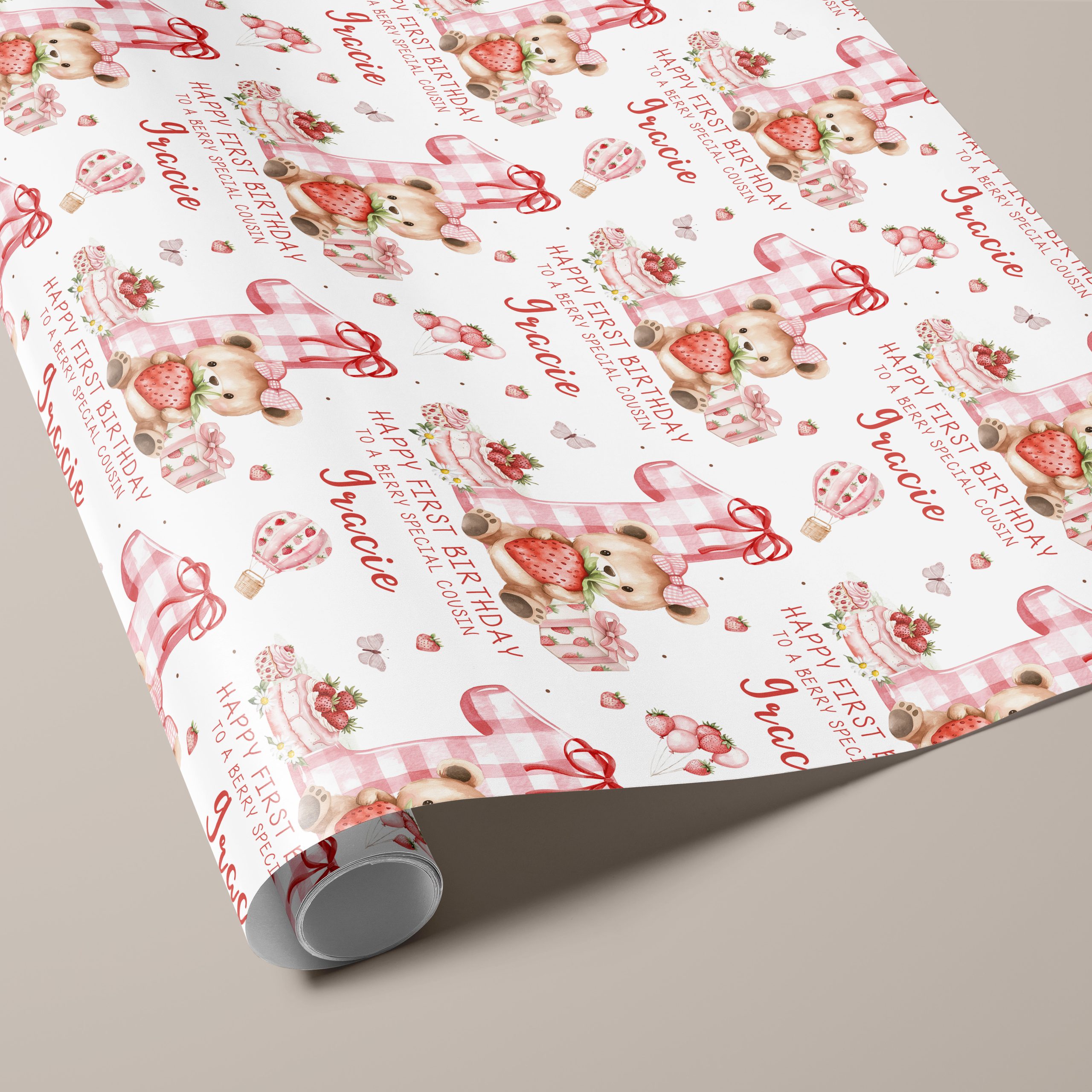 Girls 1st Birthday Strawberry Gift Wrapping Paper