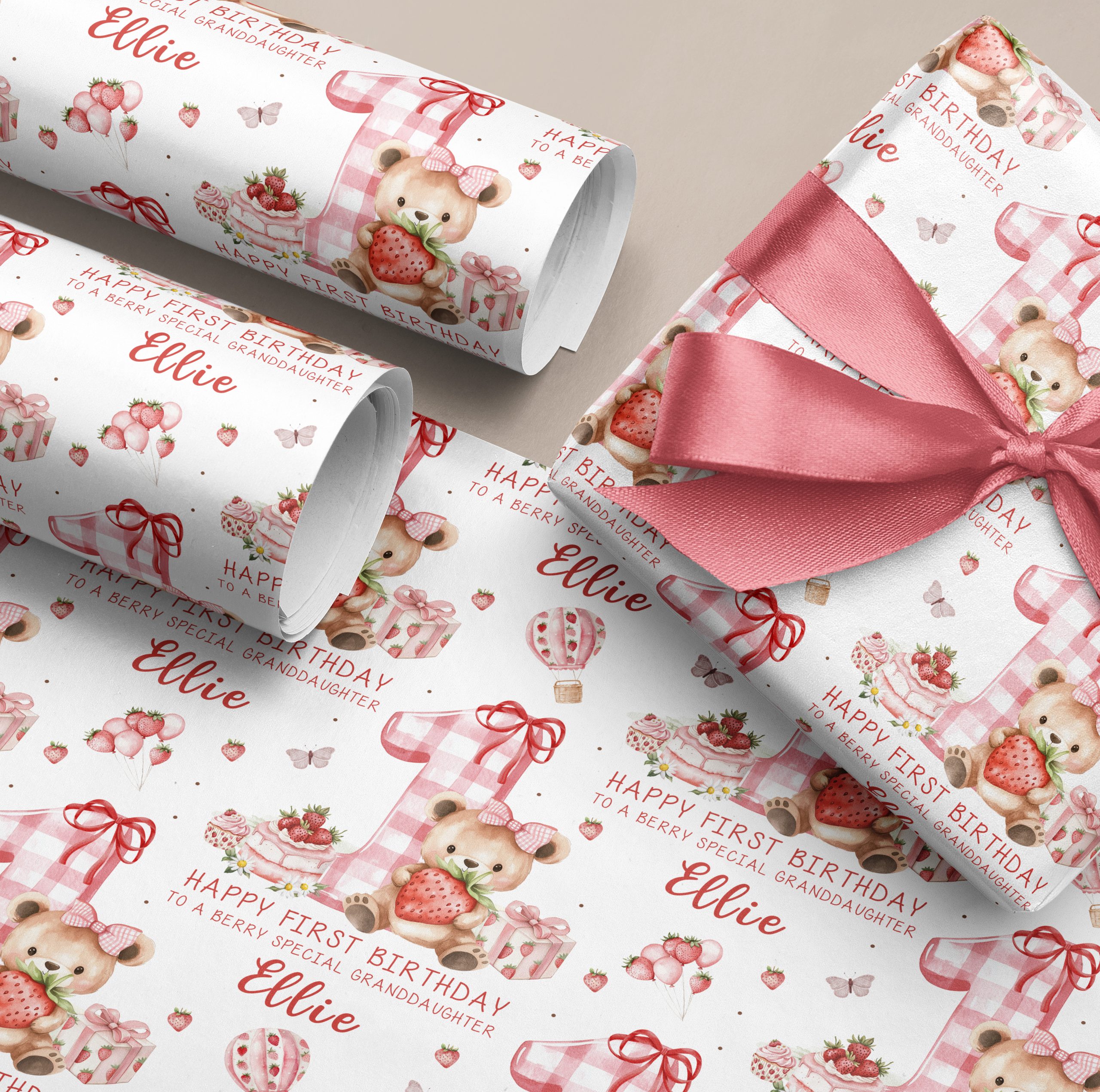Girls 1st Birthday Strawberry Gift Wrapping Paper