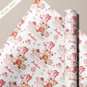 Girls 1st Birthday Strawberry Gift Wrapping Paper