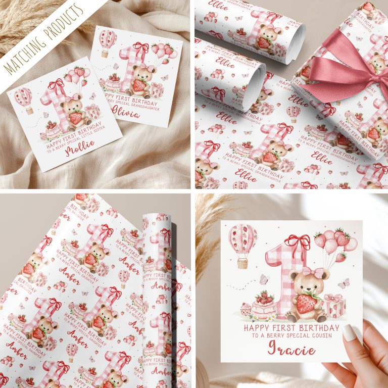 Personalised Girls 1st Birthday Strawberry Bear Wrapping Paper