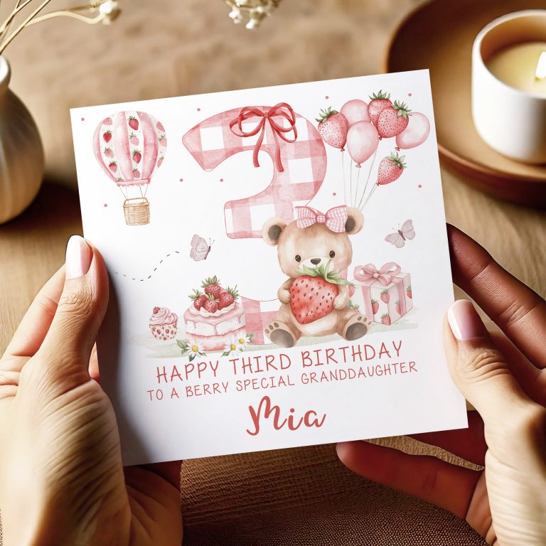 Personalised 3rd Birthday Strawberry Bear Card