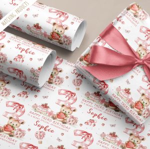 Girls 3rd Birthday Strawberry Gift Wrapping Paper