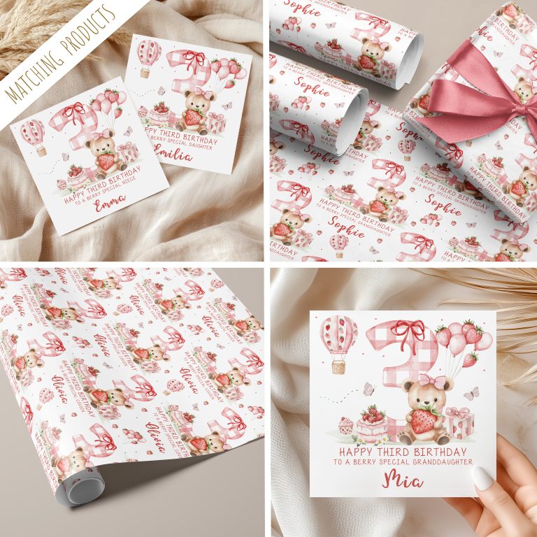 Personalised 3rd Birthday Strawberry Bear Card