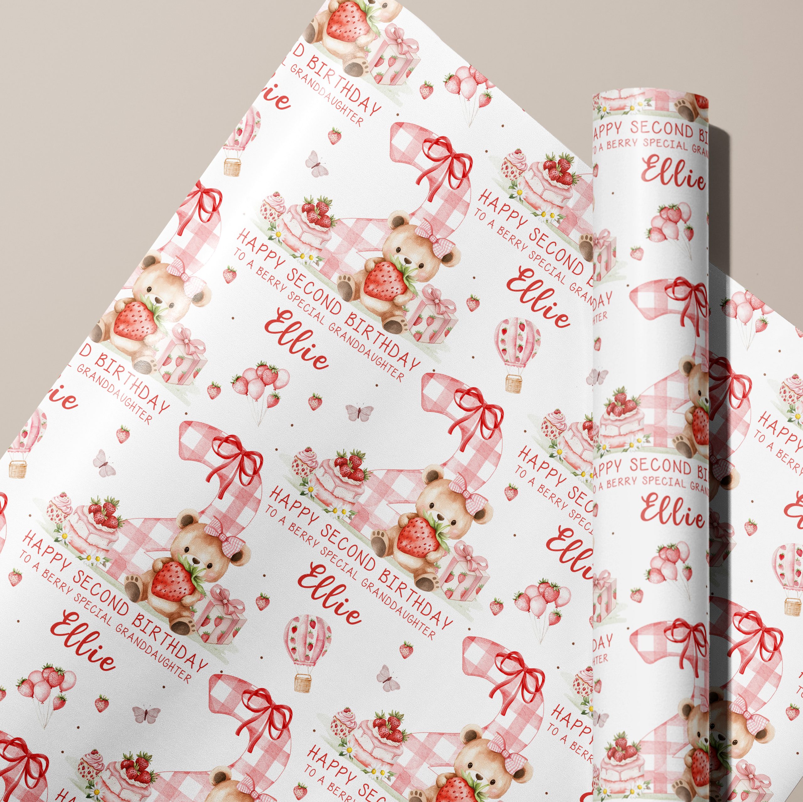 Girls 2nd Birthday Strawberry Gift Wrapping Paper