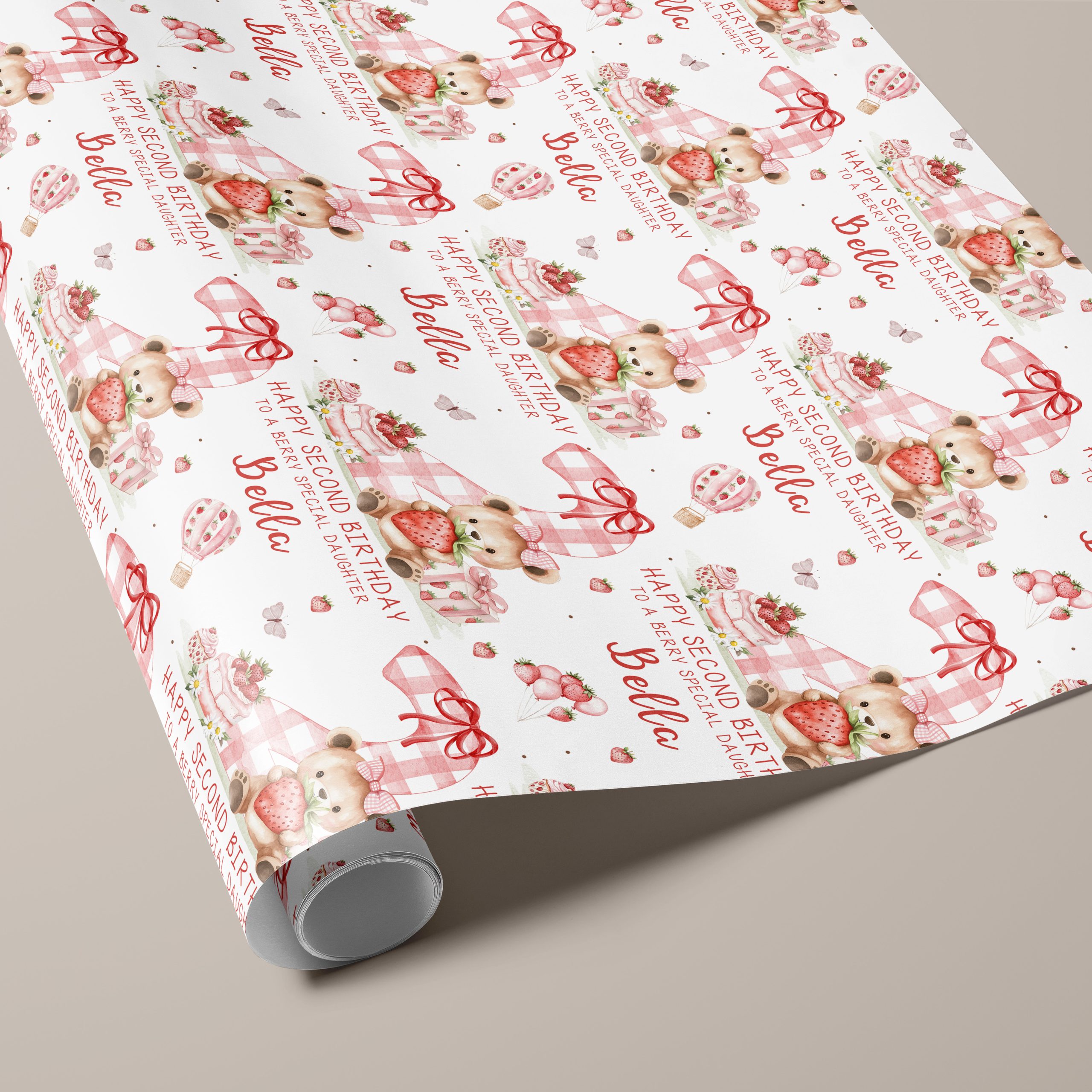 Girls 2nd Birthday Strawberry Gift Wrapping Paper