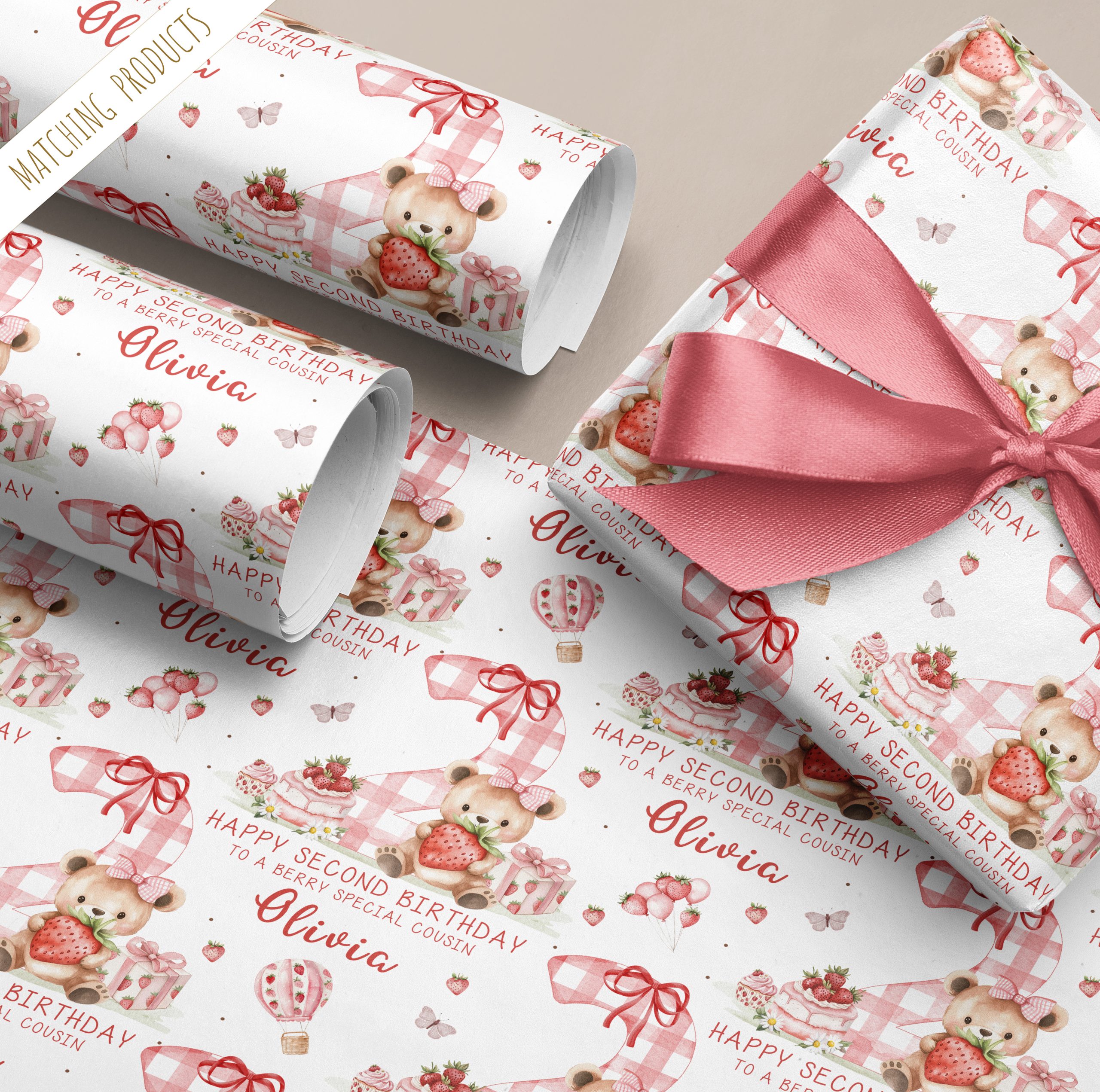Girls 2nd Birthday Strawberry Gift Wrapping Paper