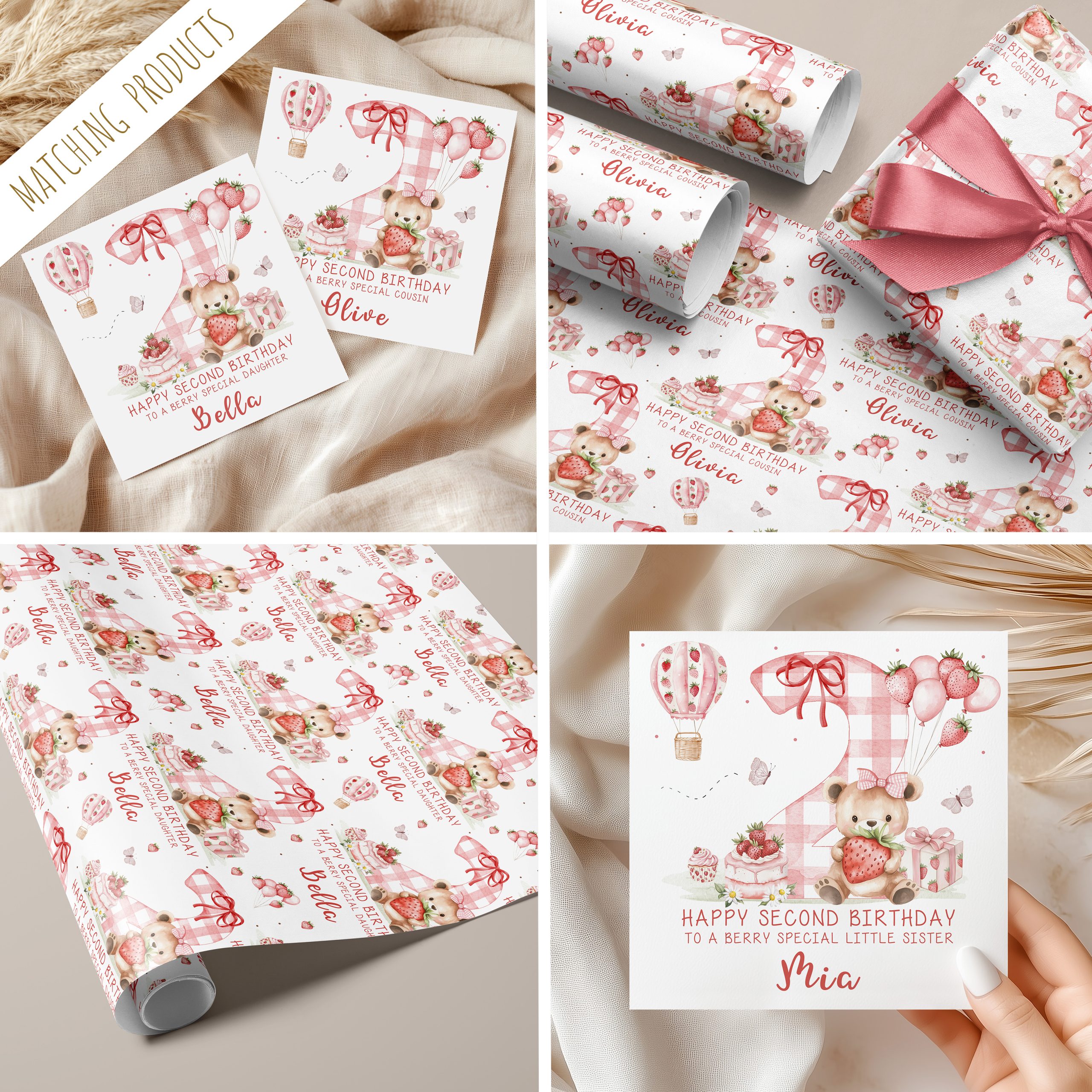 Girls 2nd Birthday Strawberry Gift Wrapping Paper