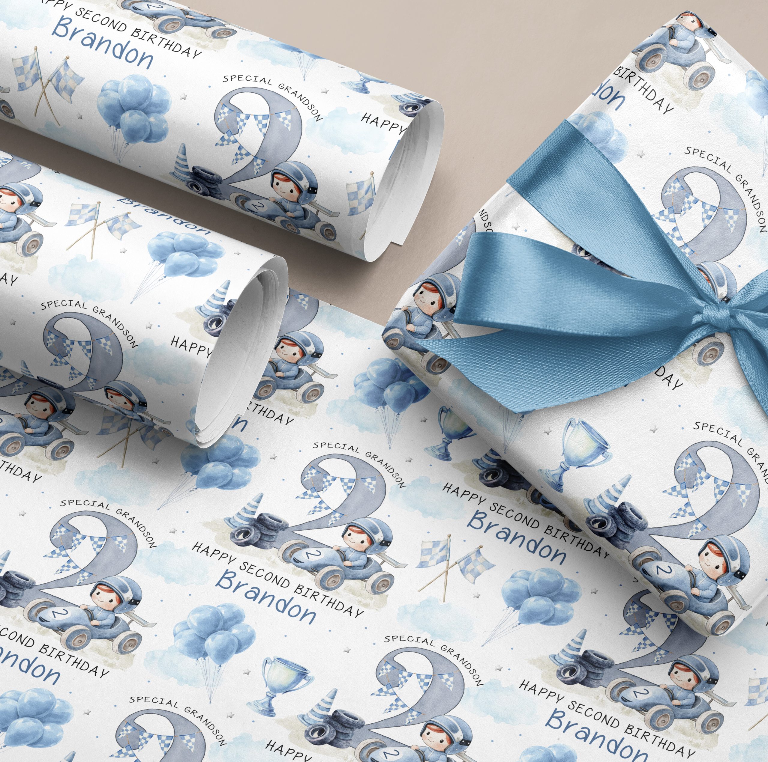 Boys Personalised Racing Car Birthday Gift Wrapping Paper