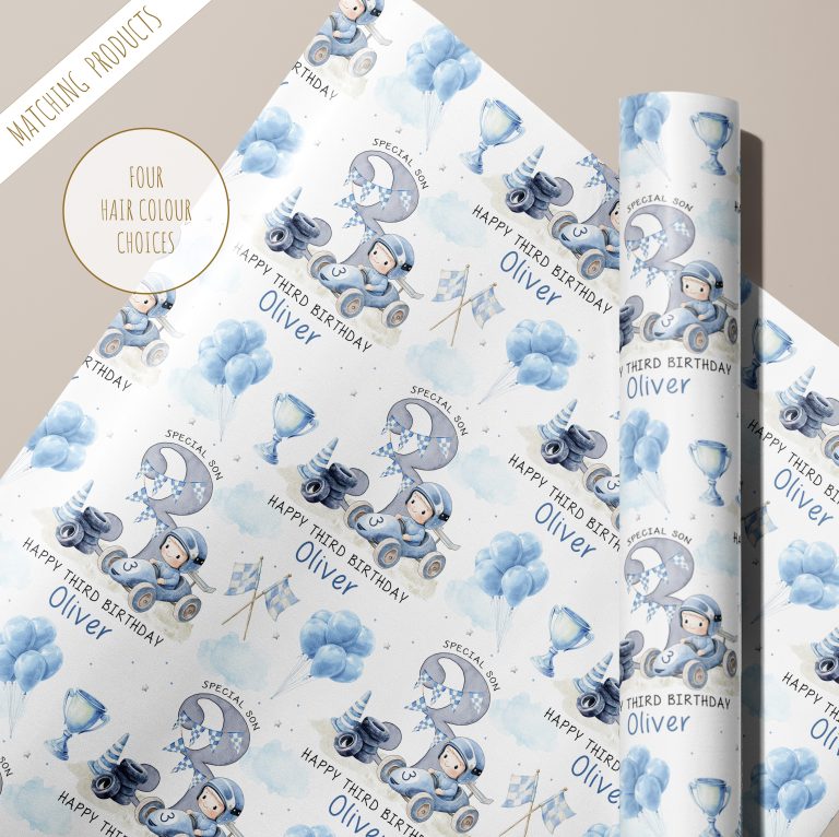 Boys Personalised Racing Car Birthday Gift Wrapping Paper