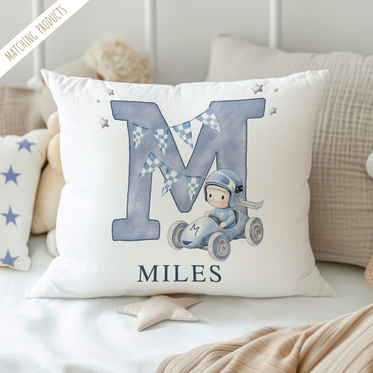 Boys Personalised Racing Car Name Cushion