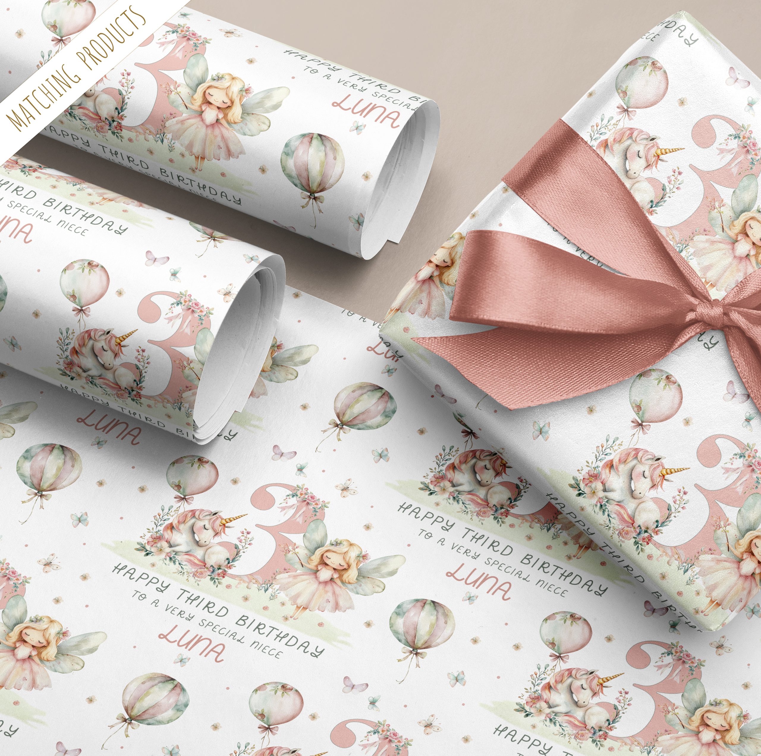 Personalised Unicorn Fairy Birthday Gift Wrapping Paper