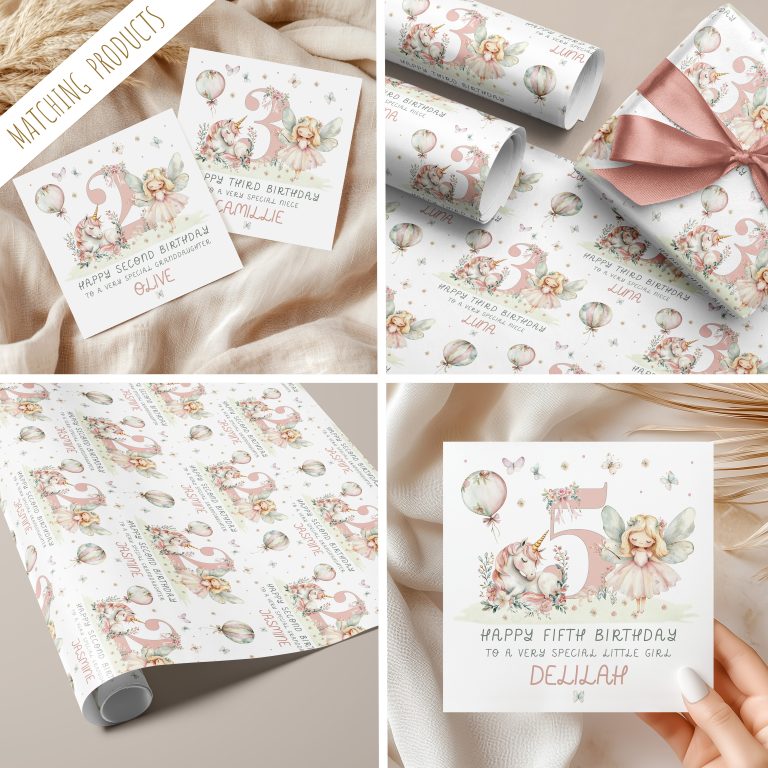 Girls Personalised Unicorn Fairy Birthday Gift Wrapping Paper