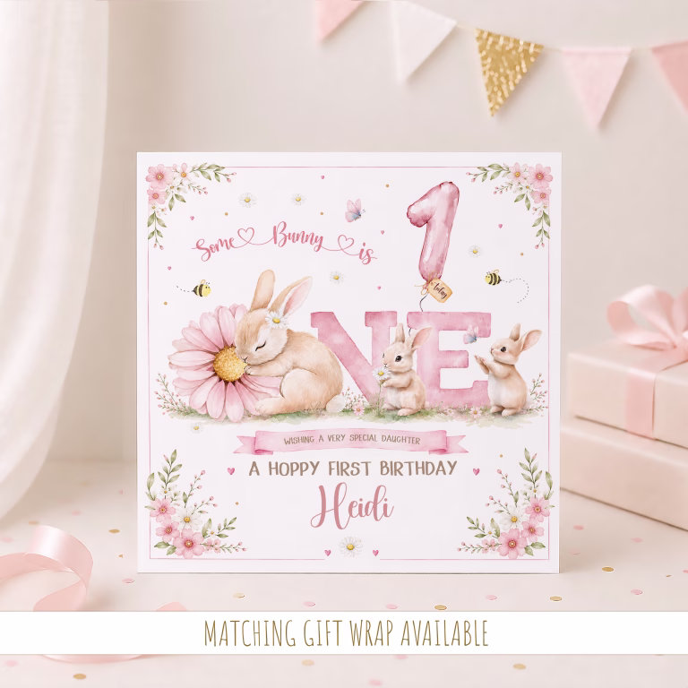 Girls 1st Birthday Bunny Rabbit Birthday Card