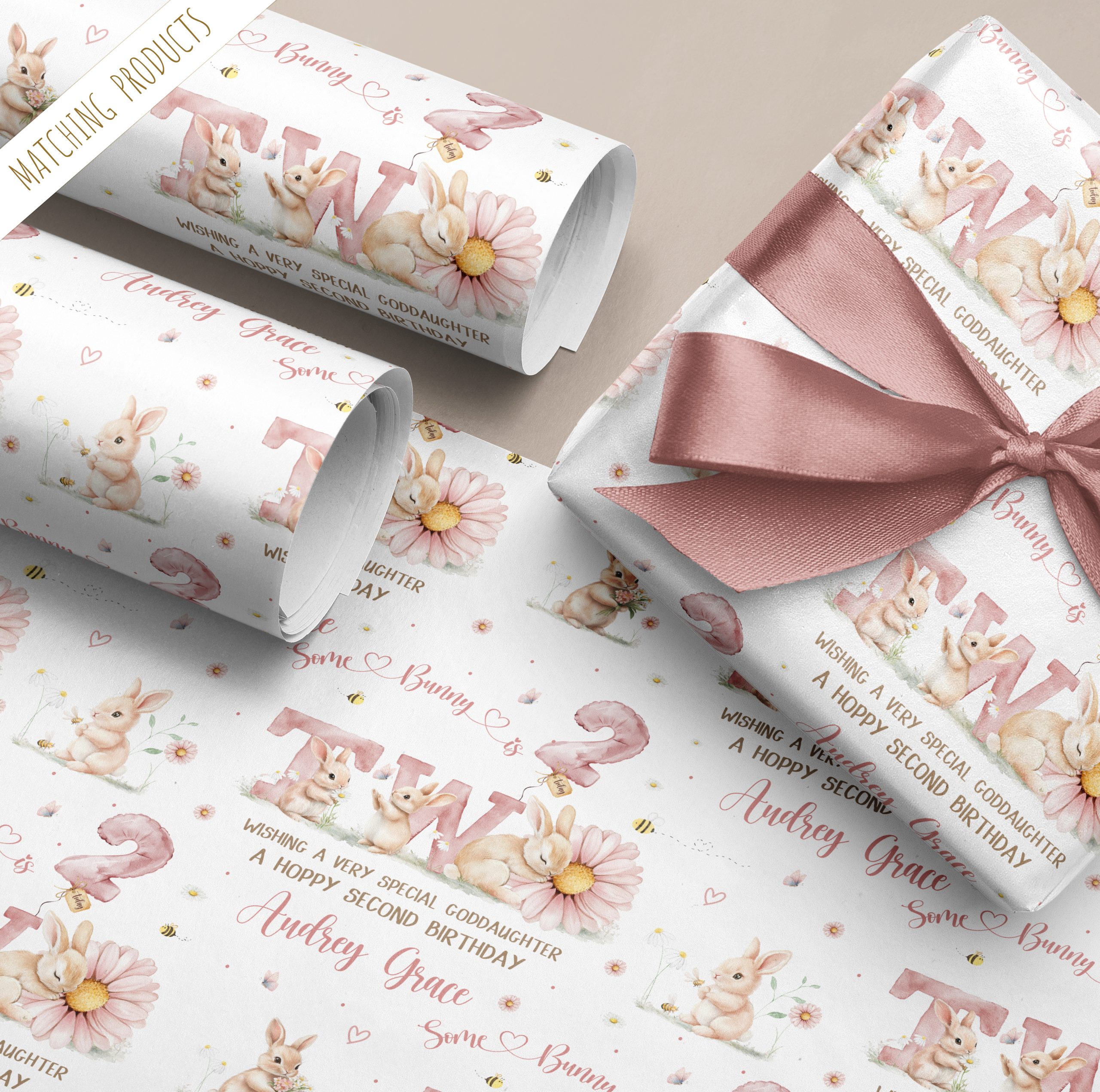Girls 2nd Birthday Rabbit Gift Wrapping Paper