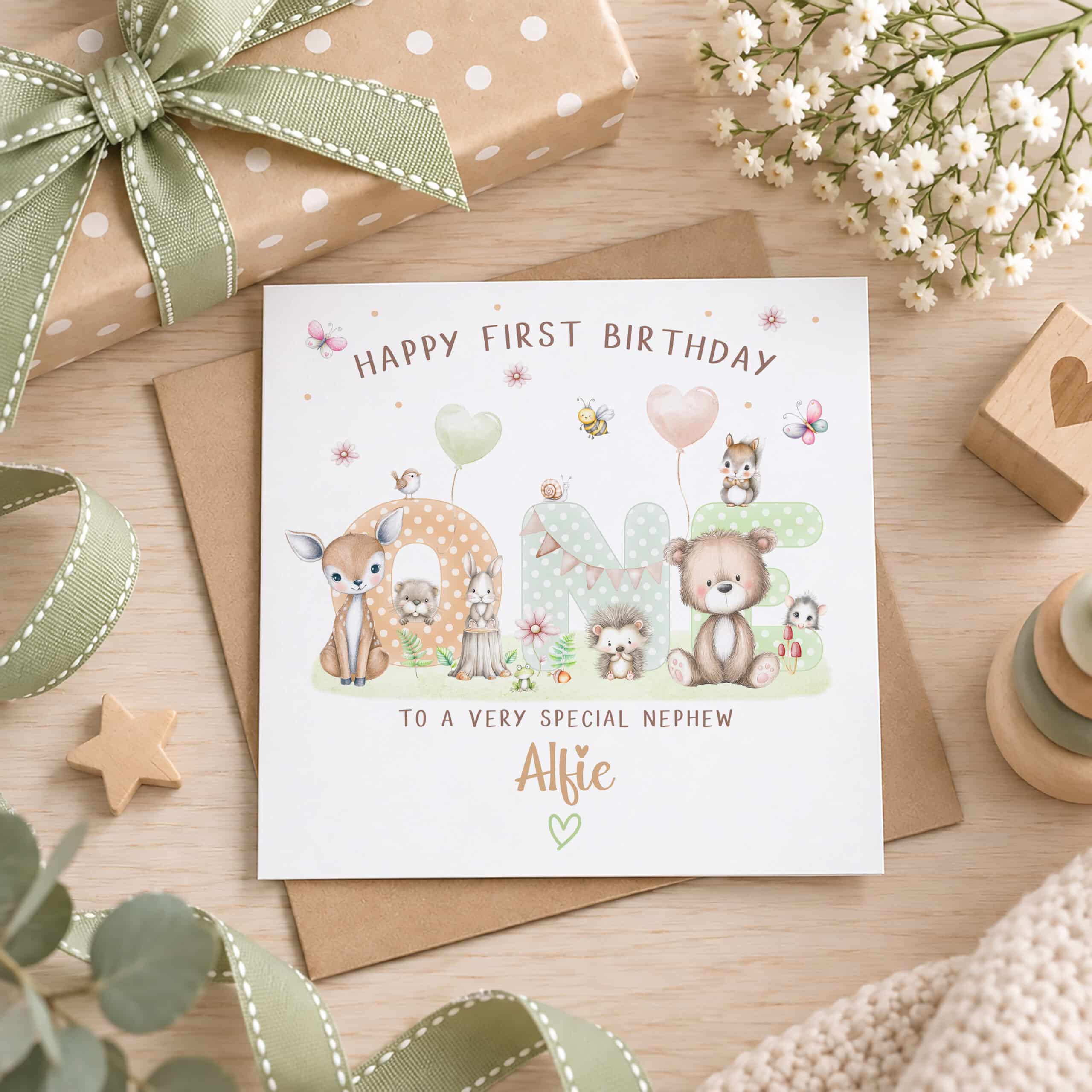 Personalised woodland first birthday card for a boy displayed on a natural nursery style background