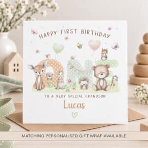 Personalised first birthday card for a grandson with woodland animals and name Lucas