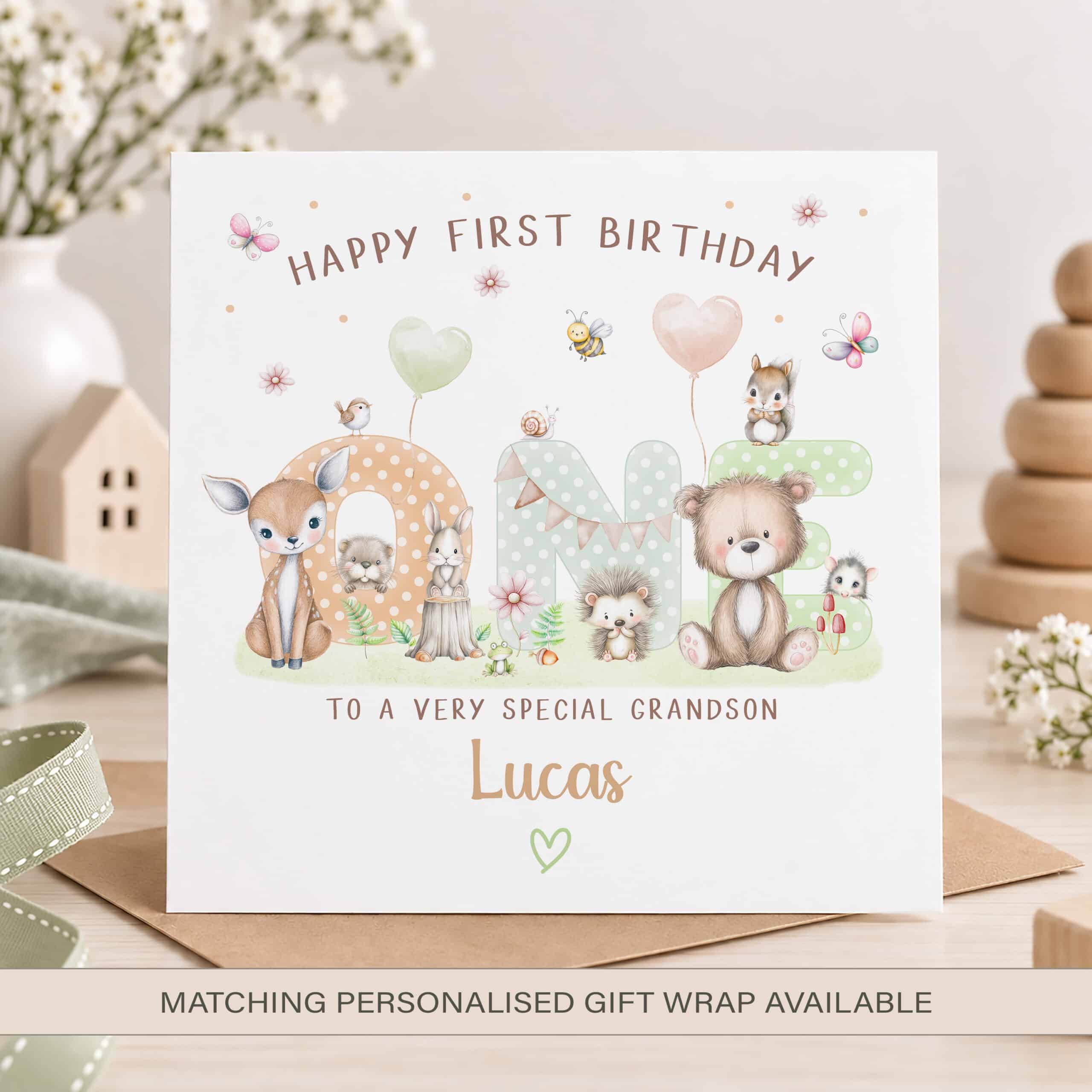 Personalised first birthday card for a grandson with woodland animals and name Lucas
