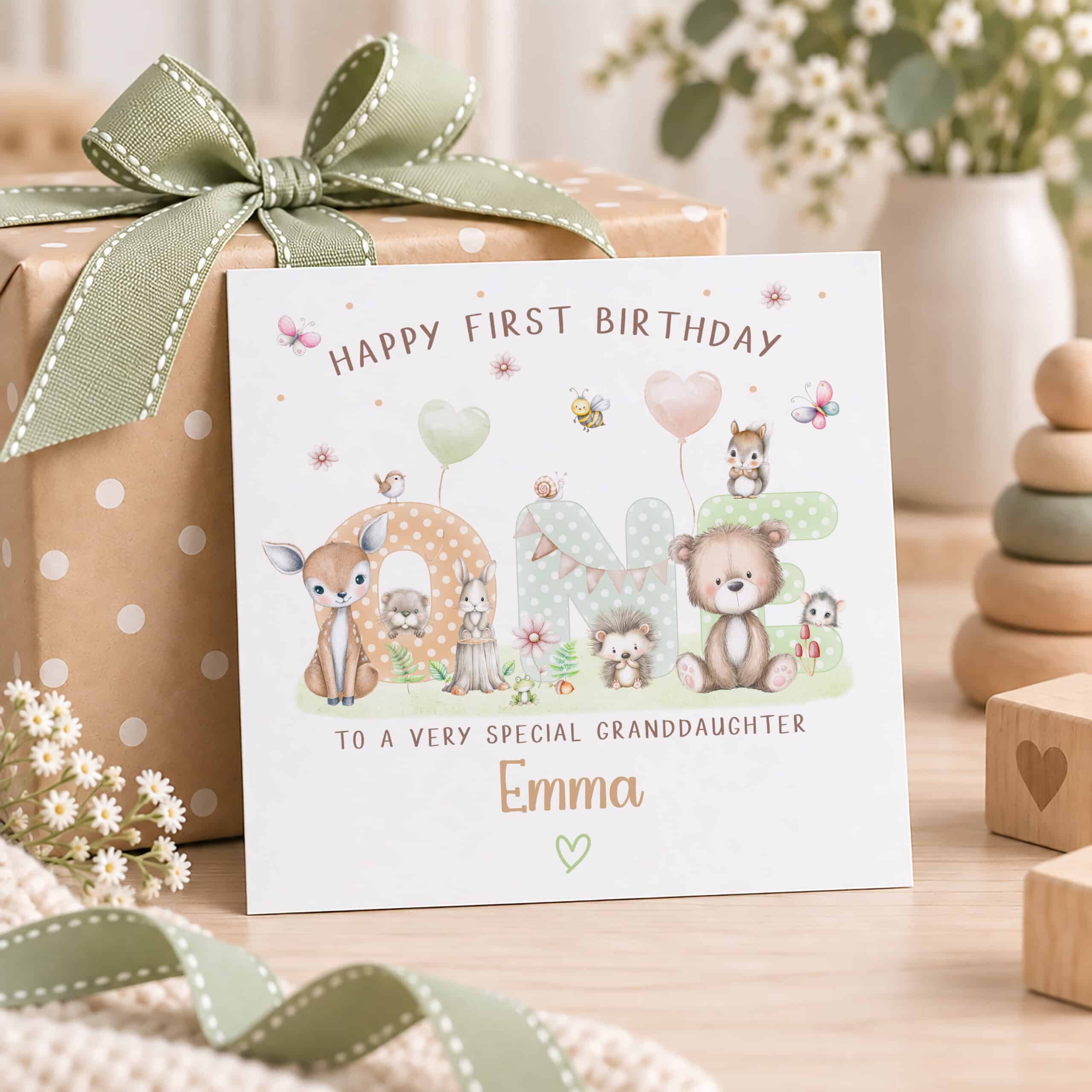 Personalised grandson 1st birthday card with pastel ONE woodland design