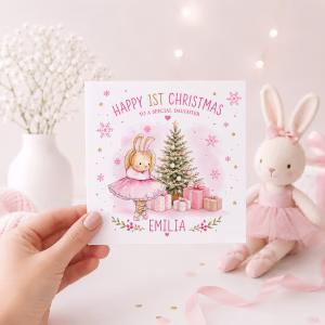 Personalised Ballerina Baby's First Christmas Card for Daughter – Cute Pink Ballerina 1st Christmas Card with Name, Scandinavian Christmas Card for Baby Girl