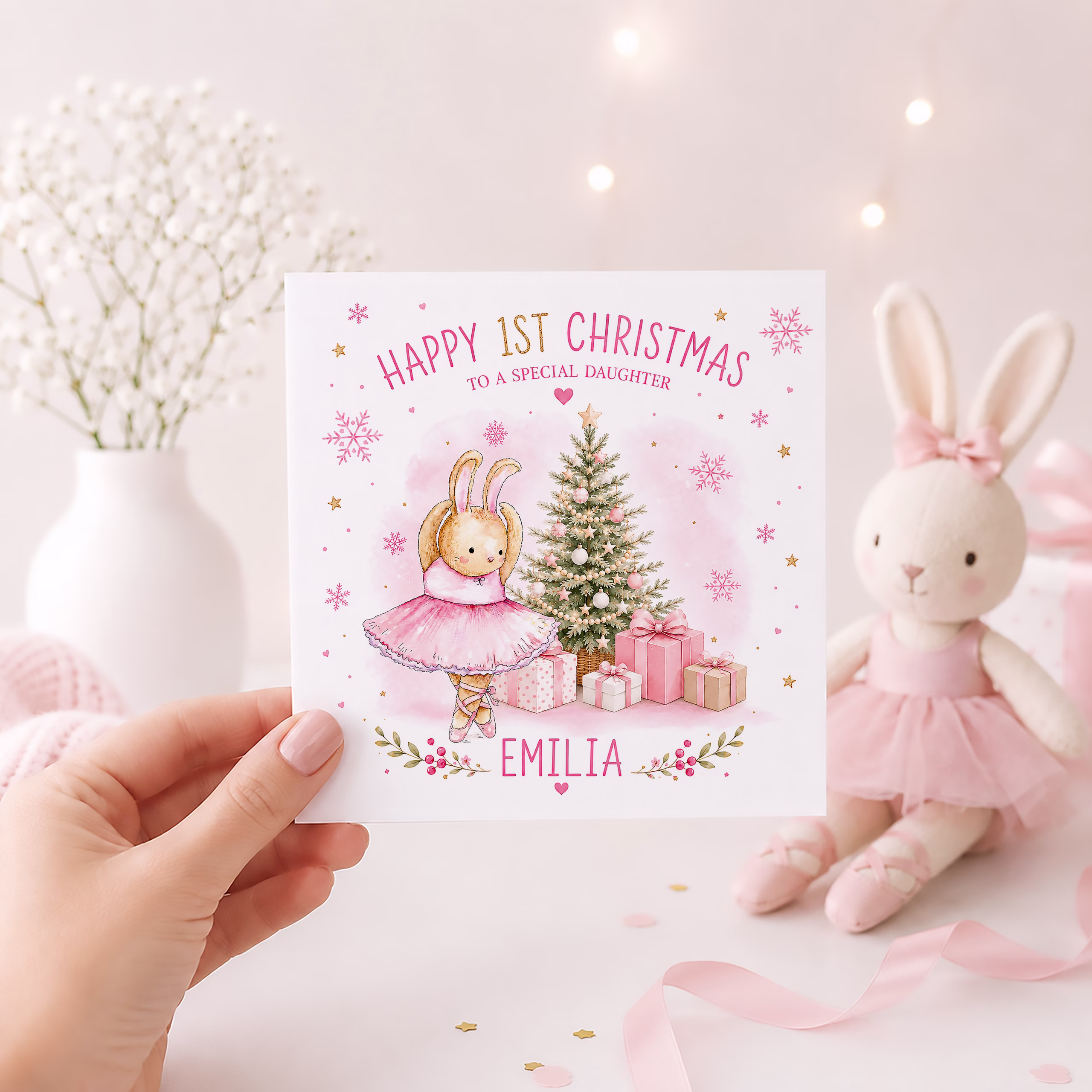 Personalised Ballerina Baby's First Christmas Card for Daughter – Cute Pink Ballerina 1st Christmas Card with Name, Scandinavian Christmas Card for Baby Girl