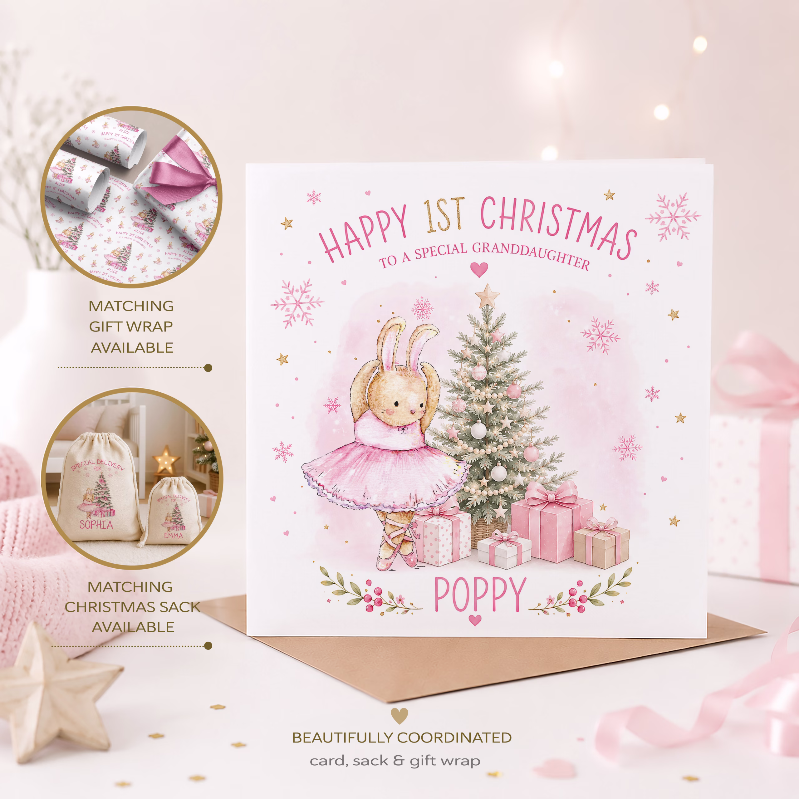 Personalised Ballerina Baby's First Christmas Card for Daughter – Cute Pink Ballerina 1st Christmas Card with Name, Scandinavian Christmas Card for Baby Girl
