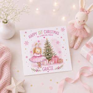 Personalised Ballerina Baby's First Christmas Card for Daughter – Cute Pink Ballerina 1st Christmas Card with Name, Scandinavian Christmas Card for Baby Girl
