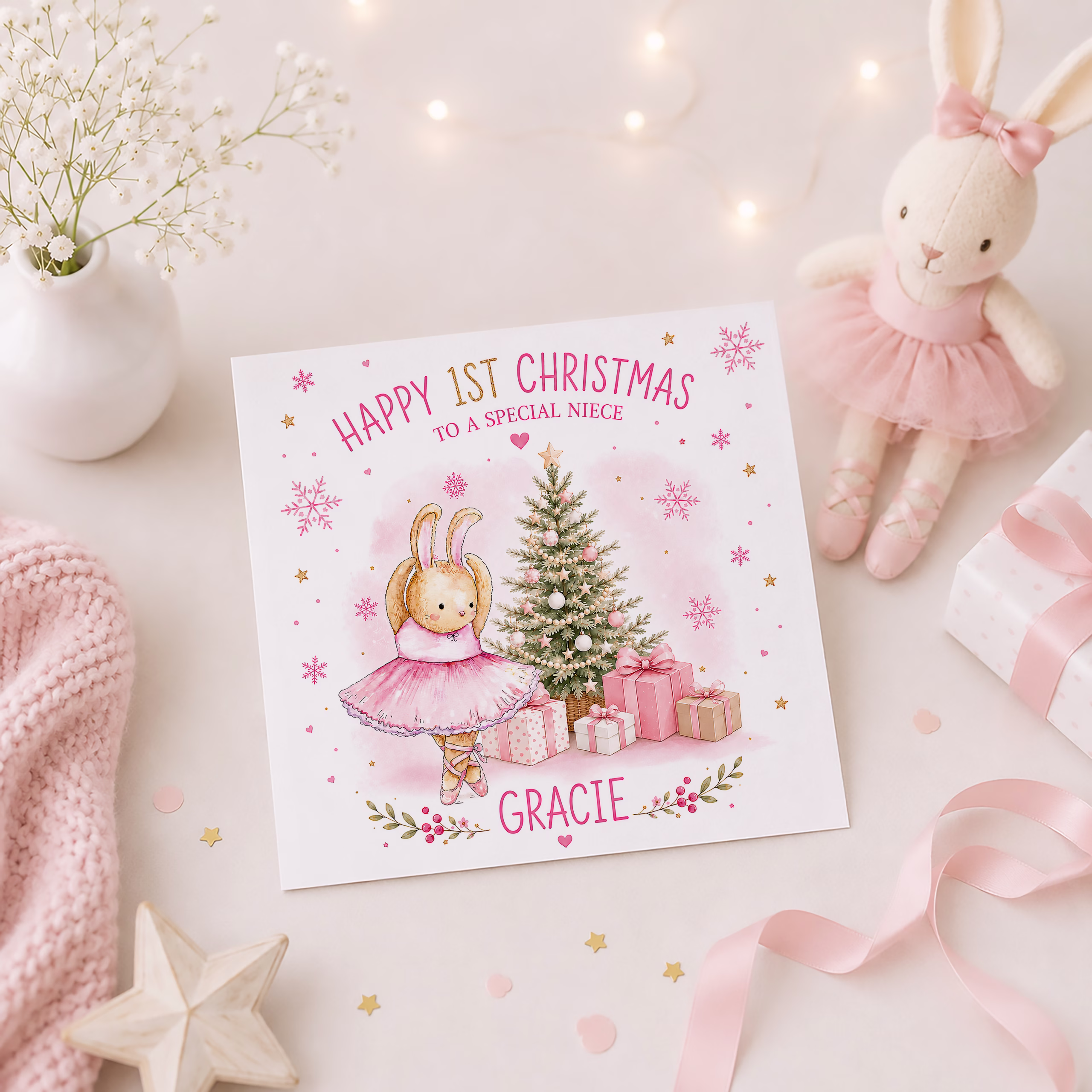 Personalised Ballerina Baby's First Christmas Card for Daughter – Cute Pink Ballerina 1st Christmas Card with Name, Scandinavian Christmas Card for Baby Girl
