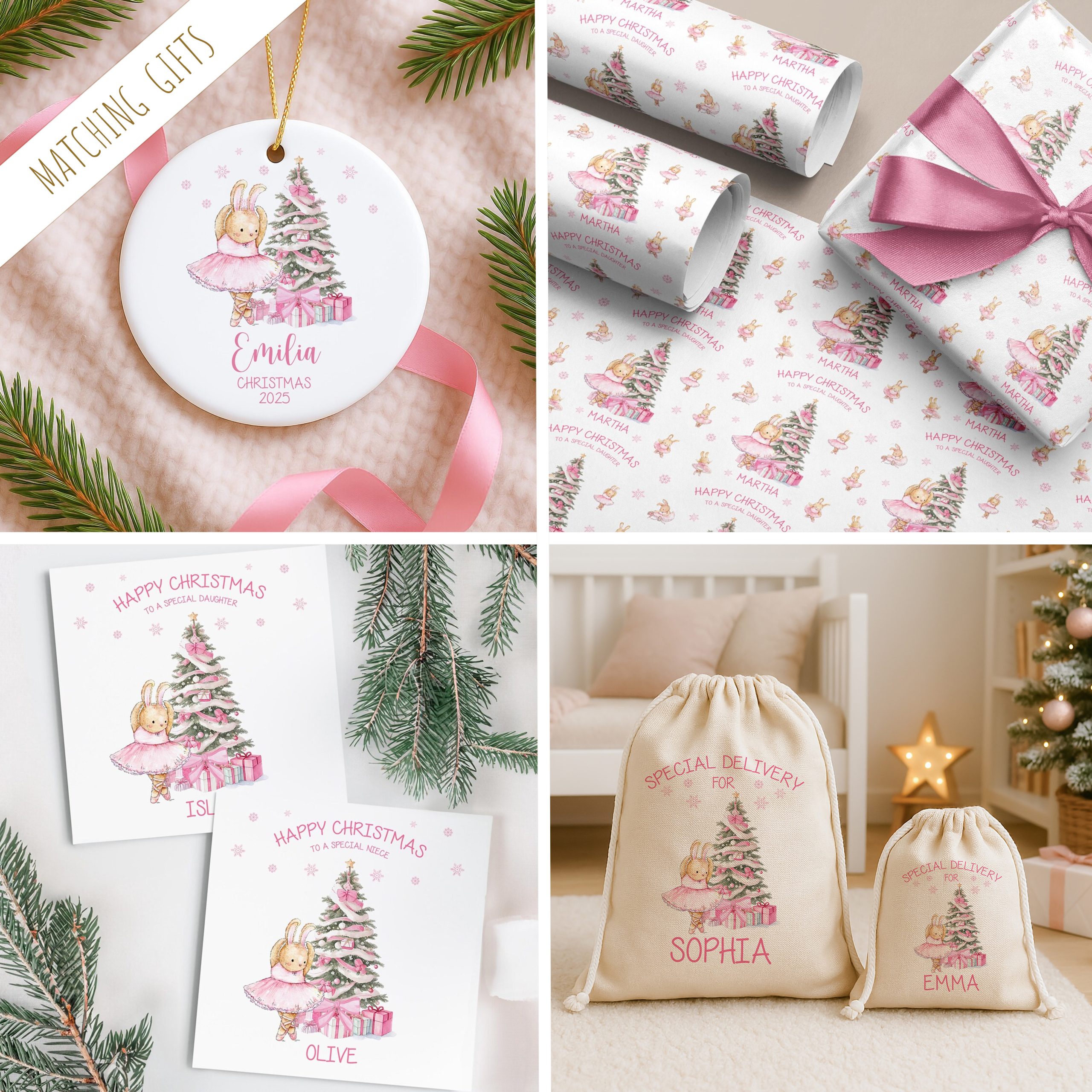 Ballerina Rabbit Pink Tree CHRISTMAS SACK