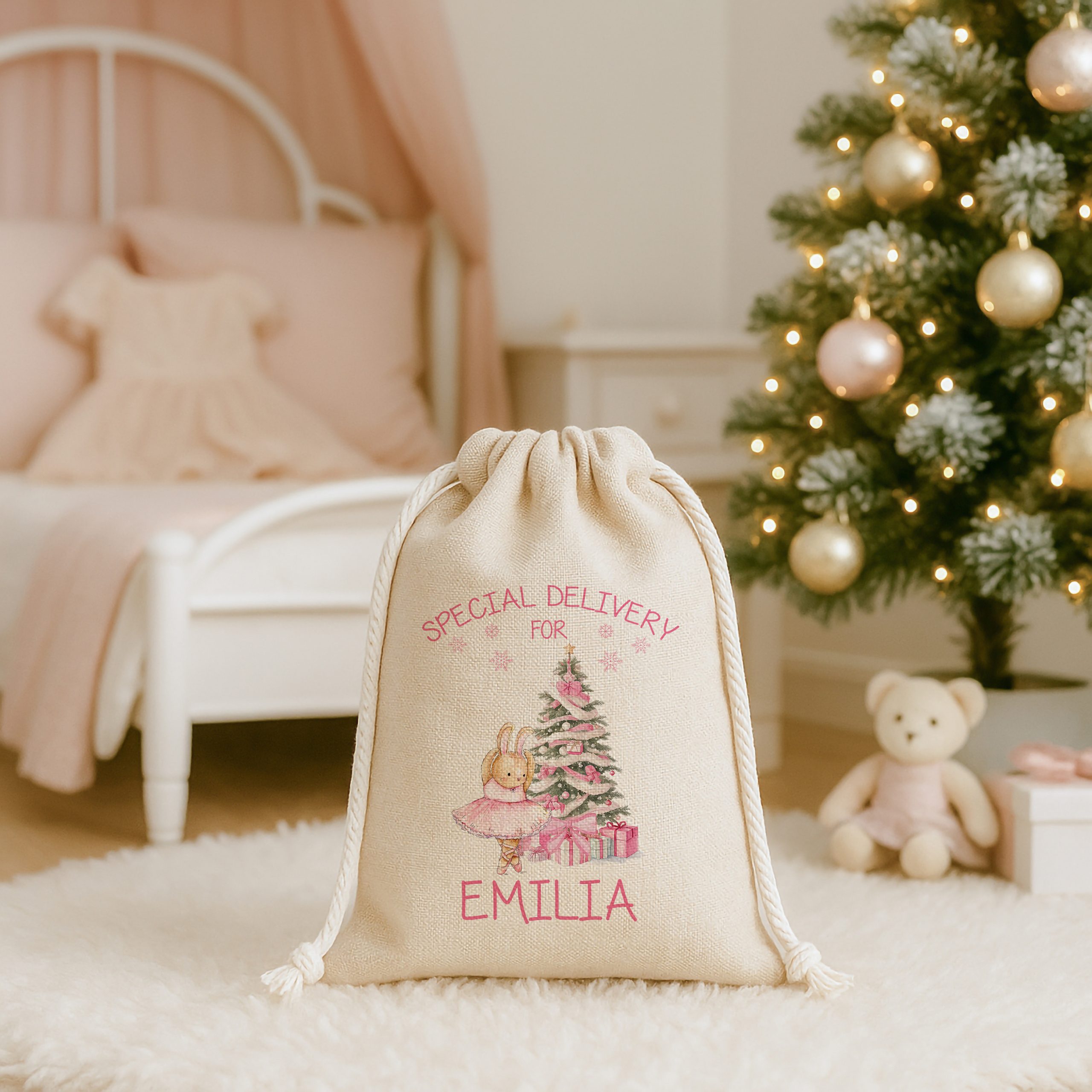 Ballerina Rabbit Pink Tree CHRISTMAS SACK