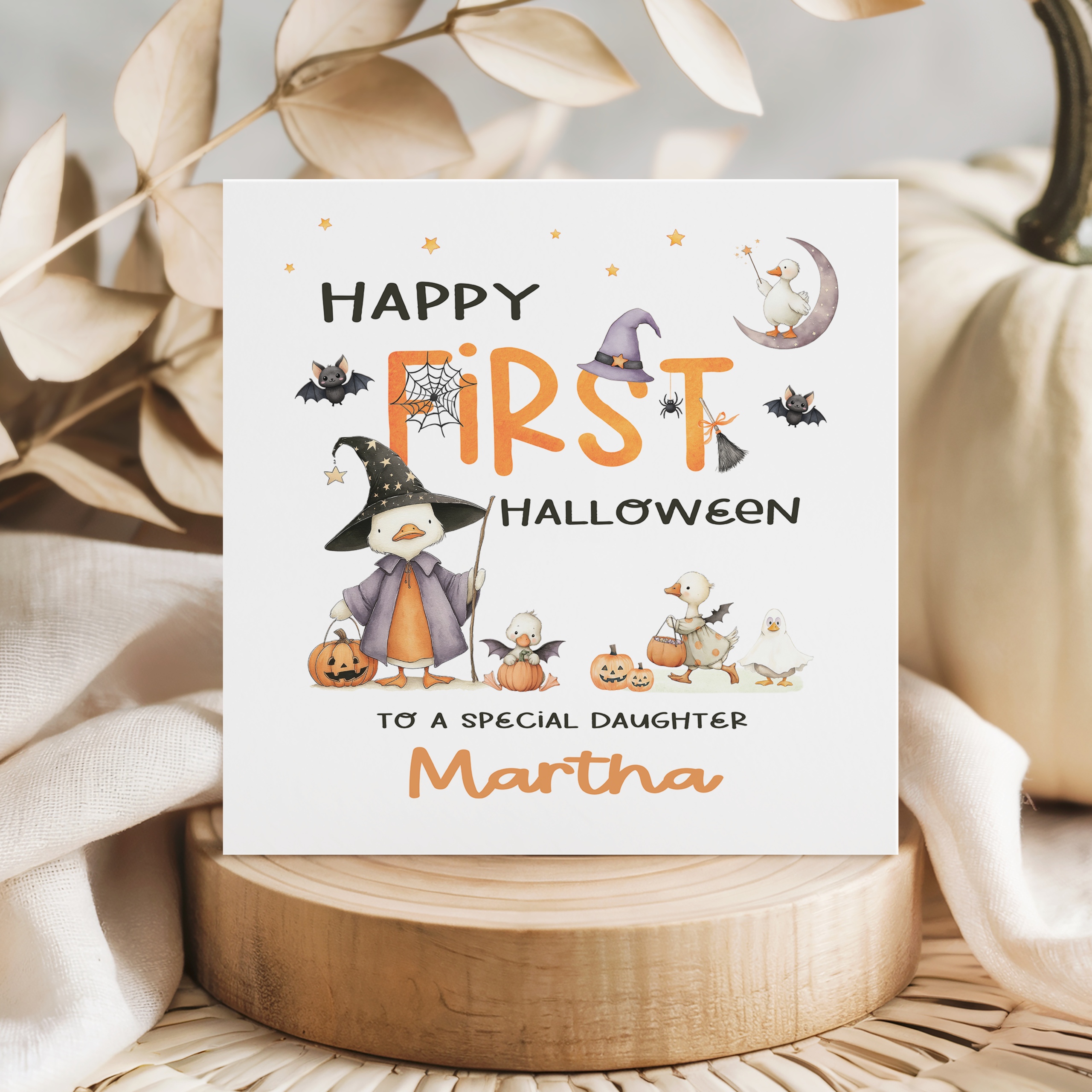 baby's personalised 1st halloween card with cute duck theme.