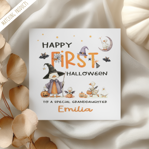 baby's personalised 1st halloween card with cute duck theme.