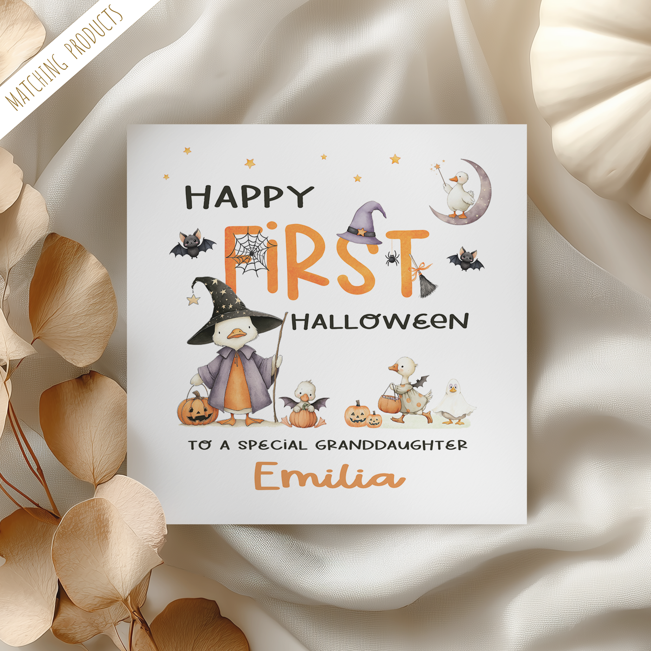 baby's personalised 1st halloween card with cute duck theme.
