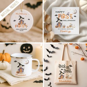 Matching Personalised Halloween Gift Collection. with Cute Duck theme of enamel mugs, hanging ornaments, cards and trick or treat tote bags.