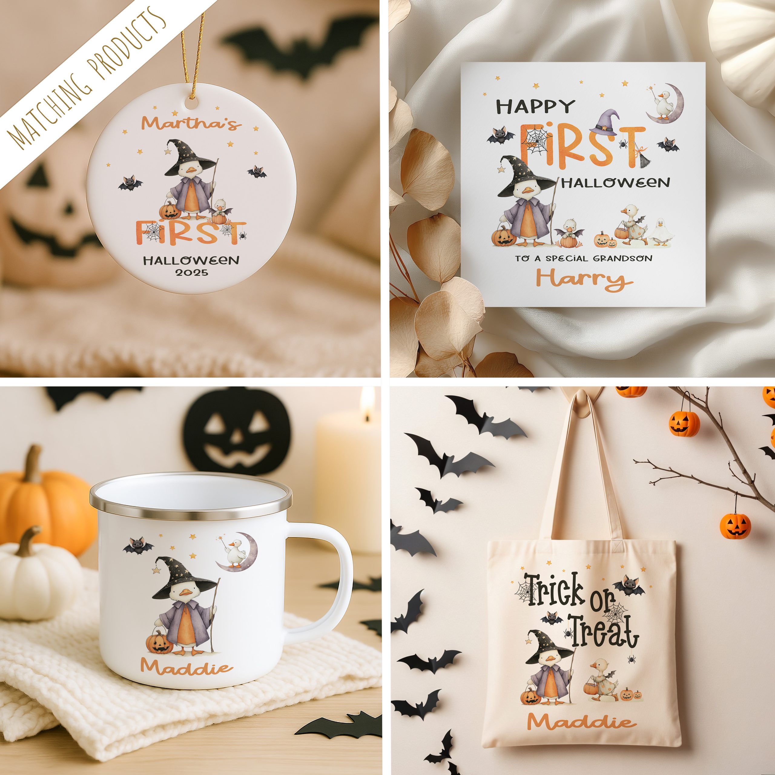 Matching Personalised Halloween Gift Collection. with Cute Duck theme of enamel mugs, hanging ornaments, cards and trick or treat tote bags.