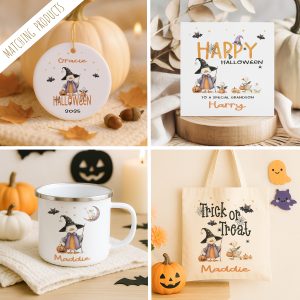 Matching Personalised Halloween Gift Collection. with Cute Duck theme of enamel mugs, hanging ornaments, cards and trick or treat tote bags.