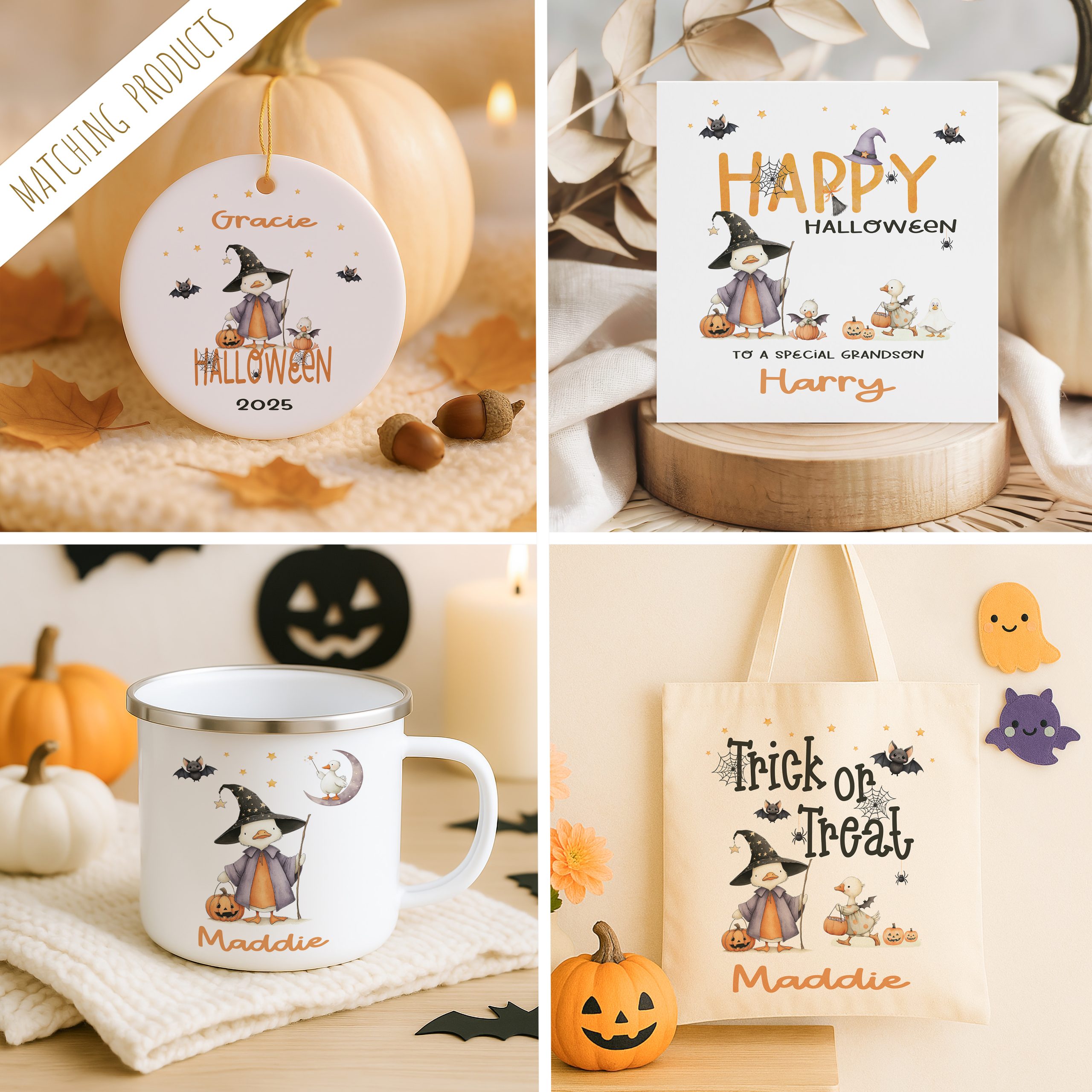 Matching Personalised Halloween Gift Collection. with Cute Duck theme of enamel mugs, hanging ornaments, cards and trick or treat tote bags.