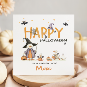 personalised halloween card with cute duck theme.