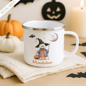 personalised enamel halloween mug, cute duck on the front wearng a witches hat. Add name to the bottom of the mug