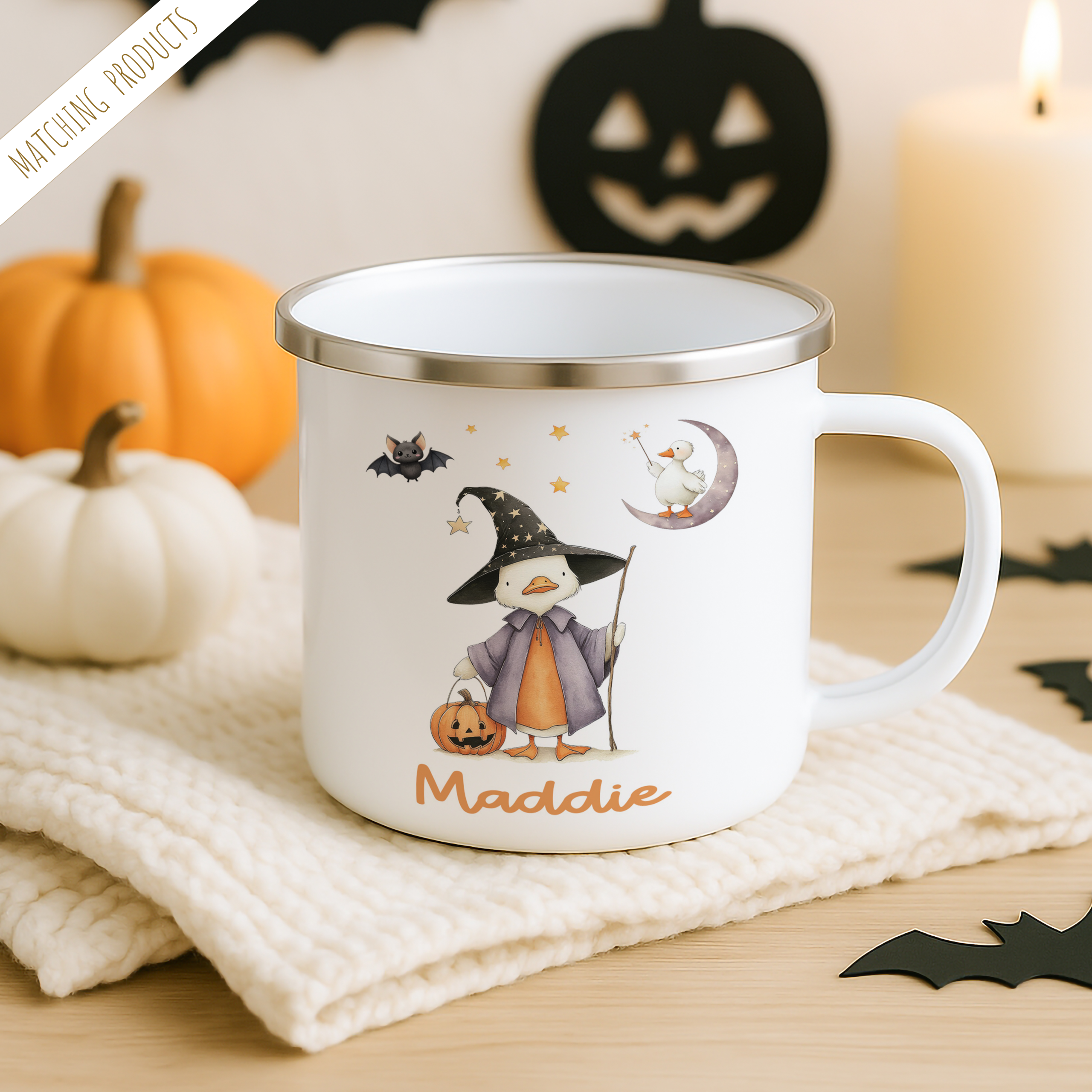 personalised enamel halloween mug, cute duck on the front wearng a witches hat. Add name to the bottom of the mug