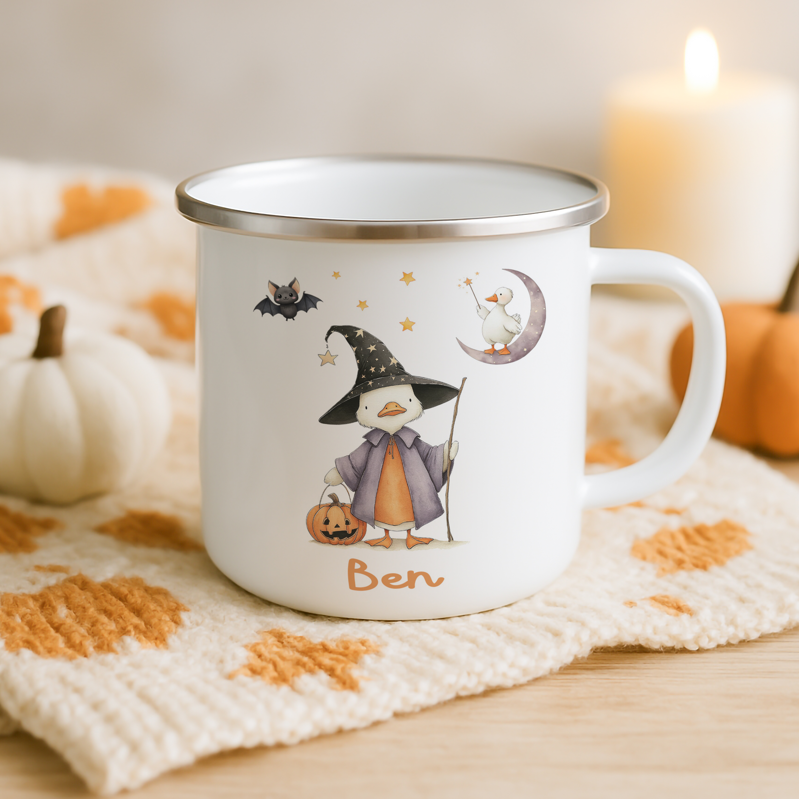 personalised enamel halloween mug, cute duck on the front wearng a witches hat. Add name to the bottom of the mug