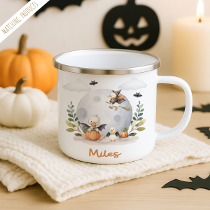 personalised enamel halloween mug, cute duck on the front wearng a witches hat. Add name to the bottom of the mug