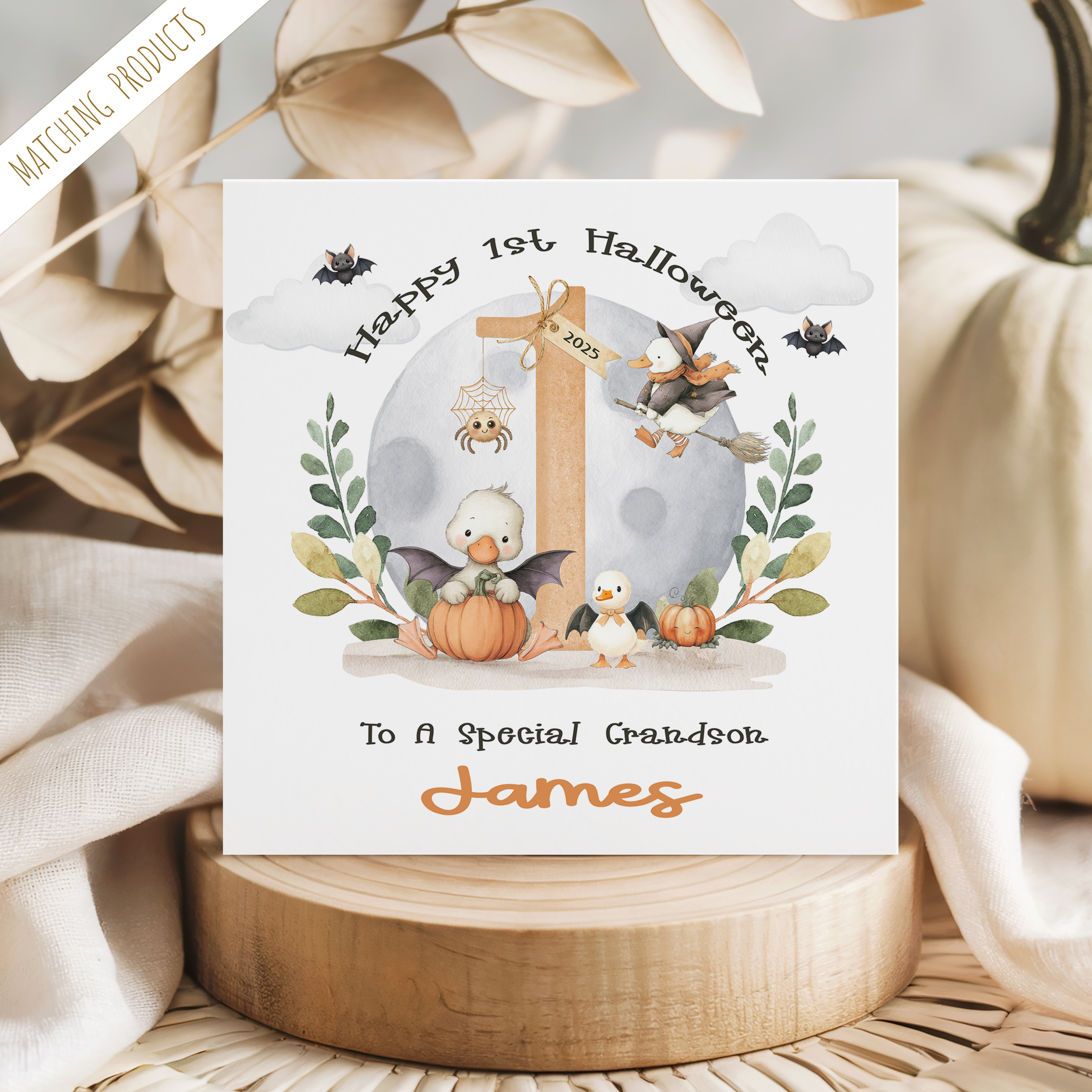 baby's personalised 1st halloween card with cute duck theme.