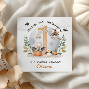 baby's personalised 1st halloween card with cute duck theme.